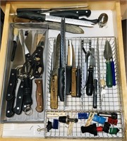 Drawer Full of Kitchen knives, Wine Toppers, etc
