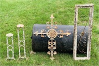 Wrought Iron 29” Cross, 2 Iron Stands, Wood Frame