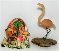 Flamingo/ Shell Lamp, Carved Flaming on Wood