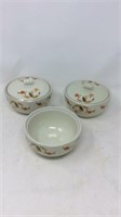 Three Small Jewel tea bowls one missing lid as is
