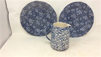 Sponge ware pitcher and two royal crownford blue