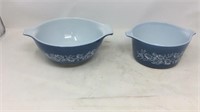 Two blue Pyrex bowls