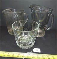GLASS PITCHERS AND CRYSTAL ICE BUCKET