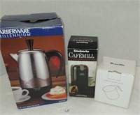 BRAND NEW COFFEE SUPPLIES- PERCOLATOR, GRINDER,