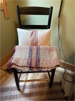 Antique chair w/ woven rush seat, pillow & rug...