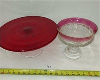 INDIANA GLASS RUBY CANDY DISH AND GLASS CAKE STAND