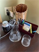 Office supplies, water pitcher &^ glass, basket &