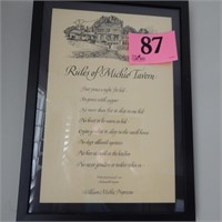 FRAMED "RULES OF MICHIE TAVERN" 14 X 19
