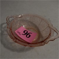 PINK DEPRESSION GLASS HANDLED BOWL 11 IN