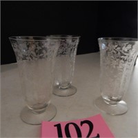 SET OF 3 ETCHED GLASS WATER GLASSES