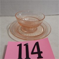 PINK DEPRESSION GLASS BOWL AND SAUCER 6 IN