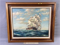 Signed Nautical Ship Oil Painting