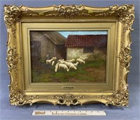 Antique Farm Sheep Oil Painting