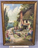 Antique Cottage Landscape Oil Painting