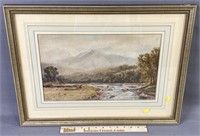 Antique River Landscape Watercolor Painting