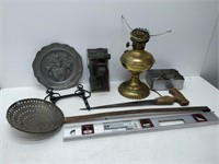 brass lamp, pewter, & metal items