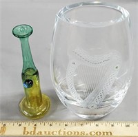 Signed Art Glass Candlestick & Etched Crystal Vase
