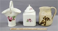 Porcelain & Ceramic Grouping: Basket, Jar, Pitcher