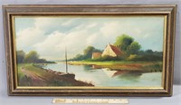Signed Antique River Landscape Oil Painting