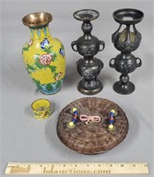 Asian Decor Lot: Cloisonne, Basket, Bronze Vases