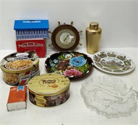 misc lot - tins, barometer , plates, etc