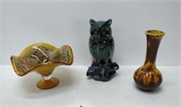 vase, blown glass dish and blue mountain owl