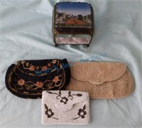 3 beaded purses and a reverse painted glass box