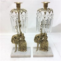 VTG. BRASS CANDLE HOLDERS WITH CRYSTAL & MARBLE