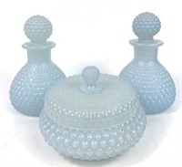 Vintage Blue Hobnail Glass Vanity Set