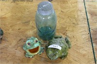 2 Ceramic Frogs and Large Blue Ball Jar