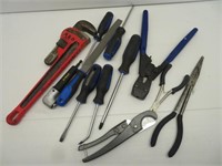 Misc tools, pipe wrench, pliers