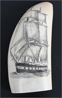 SCRIMSHAW WHALES TOOTH w/ SAILING SHIP