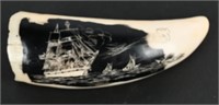 REVERSE SCRIMSHAW WHALES TOOTH w/ SAILING SHIP