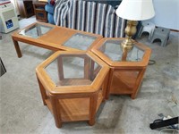 Glass top coffee table, 2 end tables & lamp