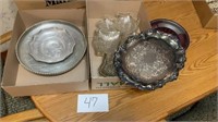 Glasses serving trays, silver tray, pewter bowls