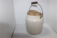 STONEWARE CROCK W/ LID AND BAIL