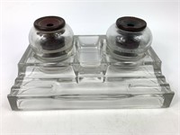 Vintage Glass Double Inkwell w/ Stand