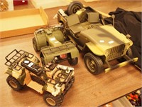 Three toy military vehicles: camouflage ATV