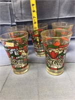 Five Coca Cola Glasses Green / Red