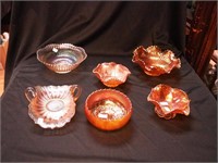 Six pieces of marigold vintage carnival glass:
