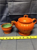 Orange Teapot & Cup with Turquoise Lining marked 1