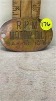 3.5IN VINTAGE BRASS RPM OIL BADGE/TAG