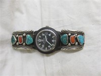STERLING SILVER TURQUOISE AND CORAL MEN'S WATCH