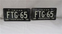 VINTAGE PAIR 1968 TEXAS HEMISPHERE LICENSE PLATES