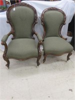 PAIR CARVED ANTIQUE HIS AND HERS PARLOR CHAIRS