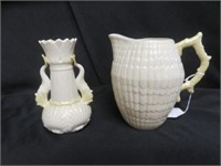 2PC VINTAGE BELLEEK - PITCHER AND FISH HANDLED