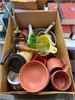 Mugs, trays, cruet, tongs, strainer, etc