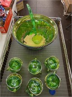 Green Carnival glass punch set