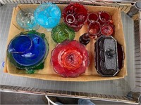 Green, blue, red, glass dishes