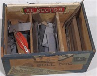 (AB) Cigar box of fishing lure, tweezers, metal